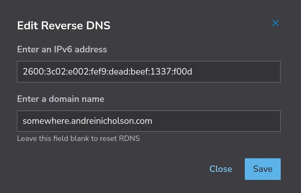 Edit Reverse DNS flyout from the Network section in a Compute instance within Cloud Manager